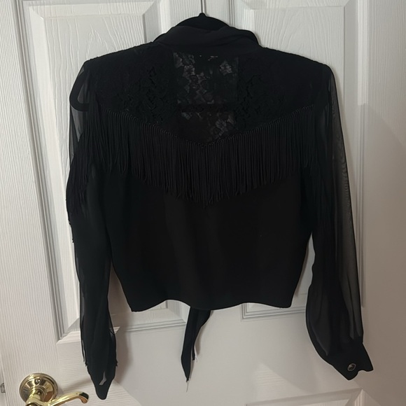 VINTAGE 80s SAM. Black Sheer Button-Down Shirt crop with tassels and lace small - Picture 7 of 8